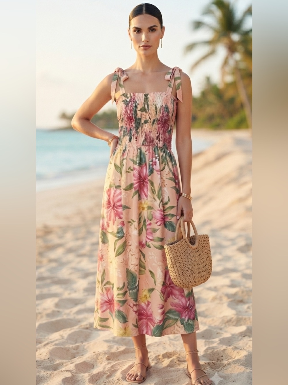 Puanani by RJC Smocked Floral Hibiscus Maxi Dress Size S